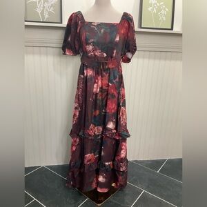 US Together Floral Maxi Dress Smocked Back Puff Sleeve Boho Cottagecore L